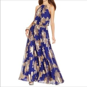 “XSCAPE” Foiled Metallic Pleated Chain Halter Gown